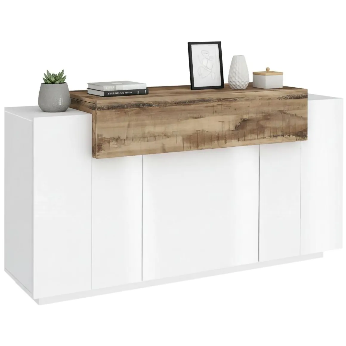 Cucina|Salotto > Dmora Credenza bianco lucida e acero 141x43x86h cm 2 ante e 3 cassetti - All Marrone Acero, Bianco Lucido