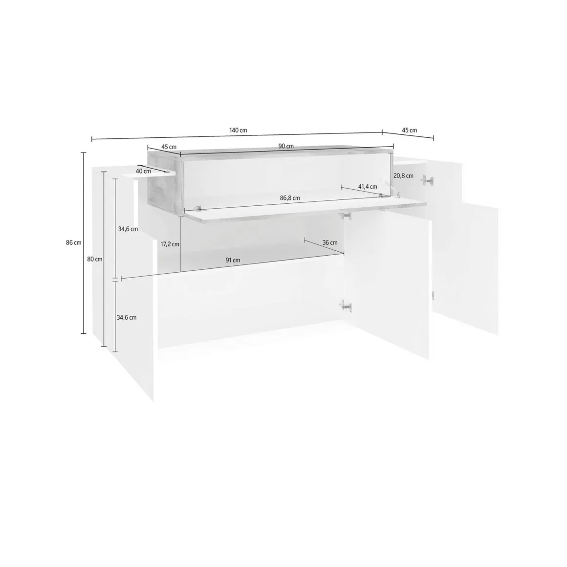 Cucina|Salotto > Dmora Credenza bianco lucida e acero 141x43x86h cm 2 ante e 3 cassetti - All Marrone Acero, Bianco Lucido