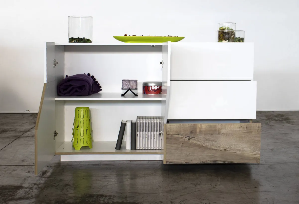 Cucina|Salotto > Dmora Credenza bianco lucida e acero 141x43x86h cm 2 ante e 3 cassetti - All Marrone Acero, Bianco Lucido
