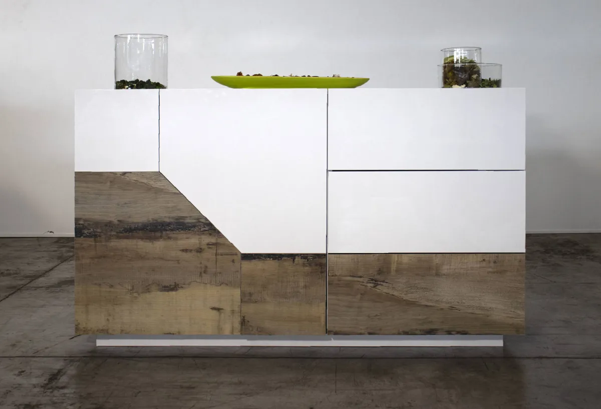 Cucina|Salotto > Dmora Credenza bianco lucida e acero 141x43x86h cm 2 ante e 3 cassetti - All Marrone Acero, Bianco Lucido