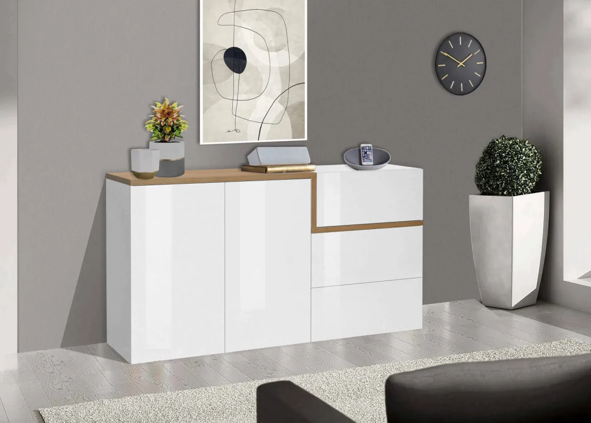Cucina|Salotto > Dmora Credenza bianco lucida e acero 150x40x80h cm 4 ante - Amici Marrone Acero, Bianco Lucido