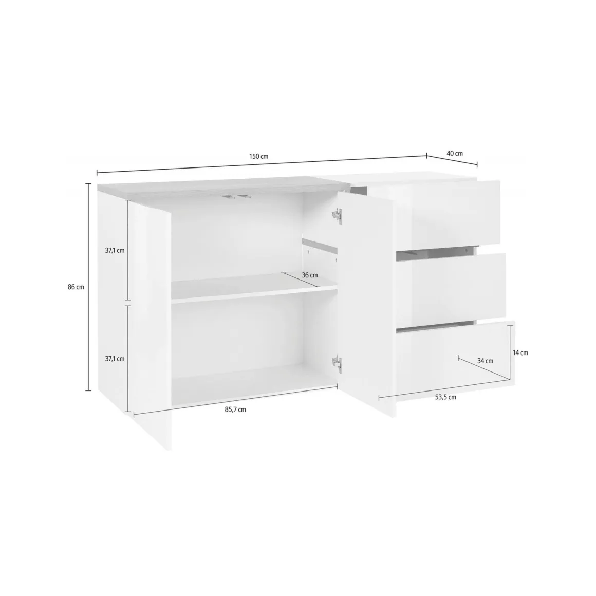 Cucina|Salotto > Dmora Credenza bianco lucida e acero 150x40x80h cm 4 ante - Amici Marrone Acero, Bianco Lucido