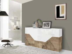 Cucina|Salotto > Dmora Credenza bianco lucida e acero 160x40x80h cm 4 ante e 1 cassetto - Ashy Marrone Acero, Bianco Lucido