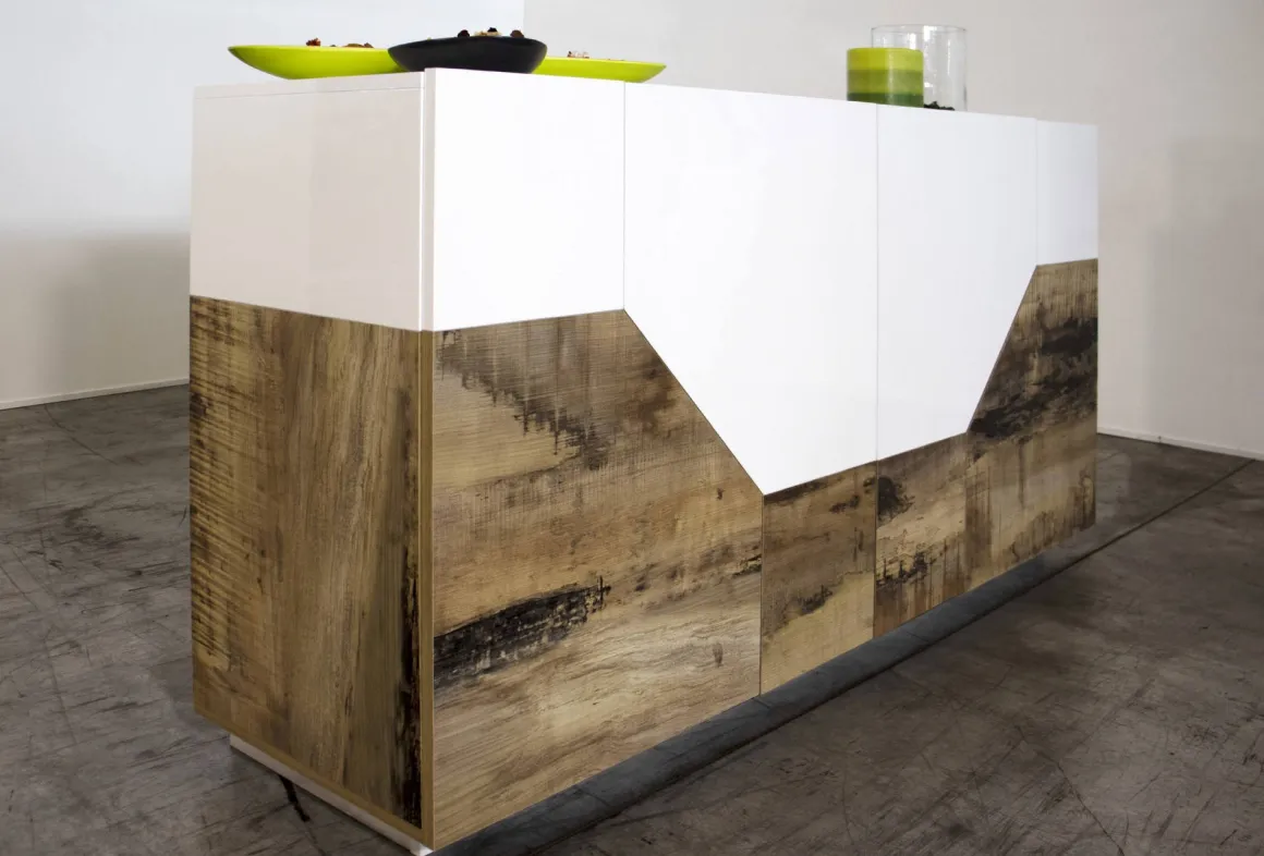 Cucina|Salotto > Dmora Credenza bianco lucida e acero 160x40x80h cm 4 ante e 1 cassetto - Ashy Marrone Acero, Bianco Lucido