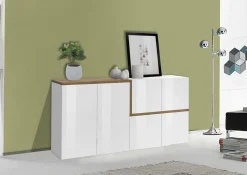 Cucina|Madie > Dmora Credenza bianco lucida e acero 160x40x82h cm 3 ante e 3 cassetti - Abic Marrone Acero, Bianco Lucido