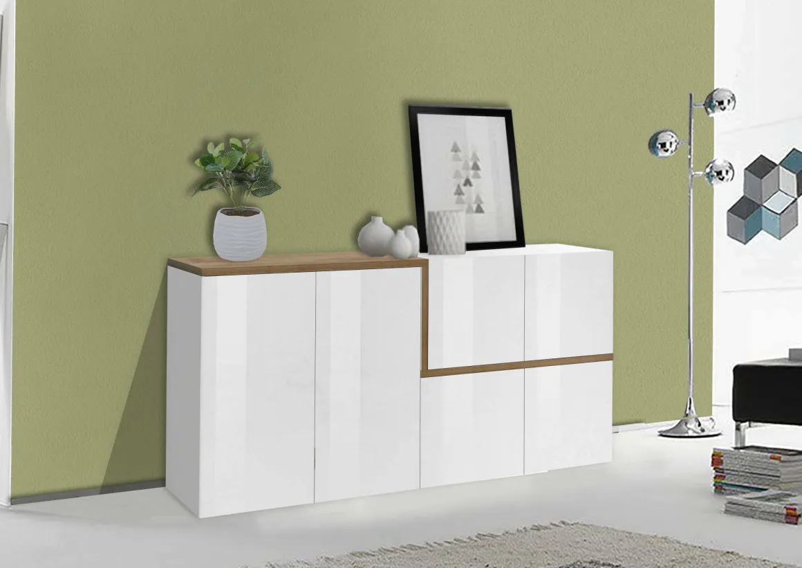 Cucina|Madie > Dmora Credenza bianco lucida e acero 160x40x82h cm 3 ante e 3 cassetti - Abic Marrone Acero, Bianco Lucido