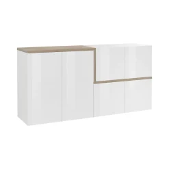Cucina|Madie > Dmora Credenza bianco lucida e acero 160x40x82h cm 3 ante e 3 cassetti - Abic Marrone Acero, Bianco Lucido