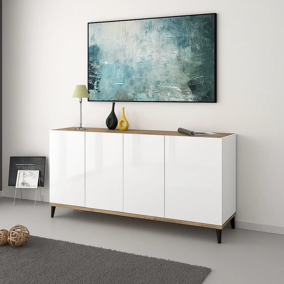 Cucina|Madie > Dmora Credenza bianco lucida e acero 160x45x85h cm 4 ante - Aschly Marrone Acero, Bianco Lucido
