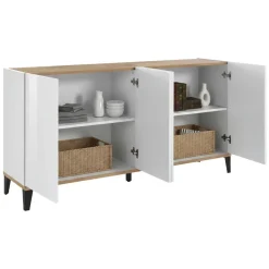 Cucina|Madie > Dmora Credenza bianco lucida e acero 160x45x85h cm 4 ante - Aschly Marrone Acero, Bianco Lucido