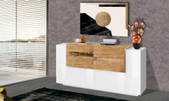Cucina|Madie > Dmora Credenza bianco lucida e acero 160x45x86h cm 3 ante e 3 cassetti - Arbon Marrone Acero, Bianco Lucido
