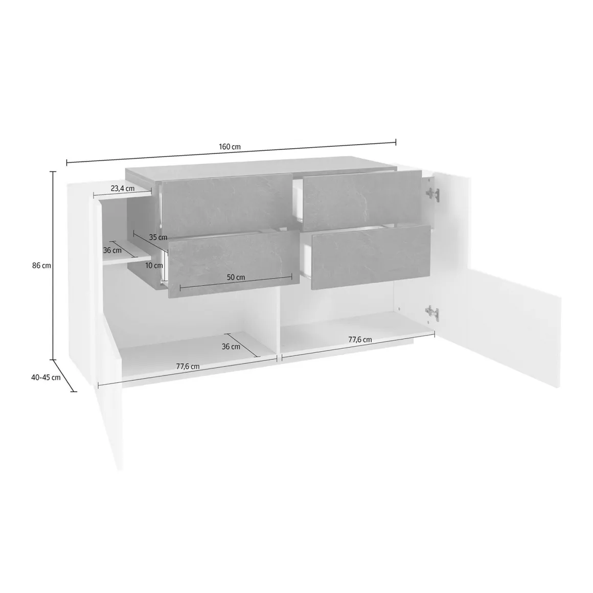 Cucina|Madie > Dmora Credenza bianco lucida e acero 160x45x86h cm 3 ante e 3 cassetti - Arbon Marrone Acero, Bianco Lucido