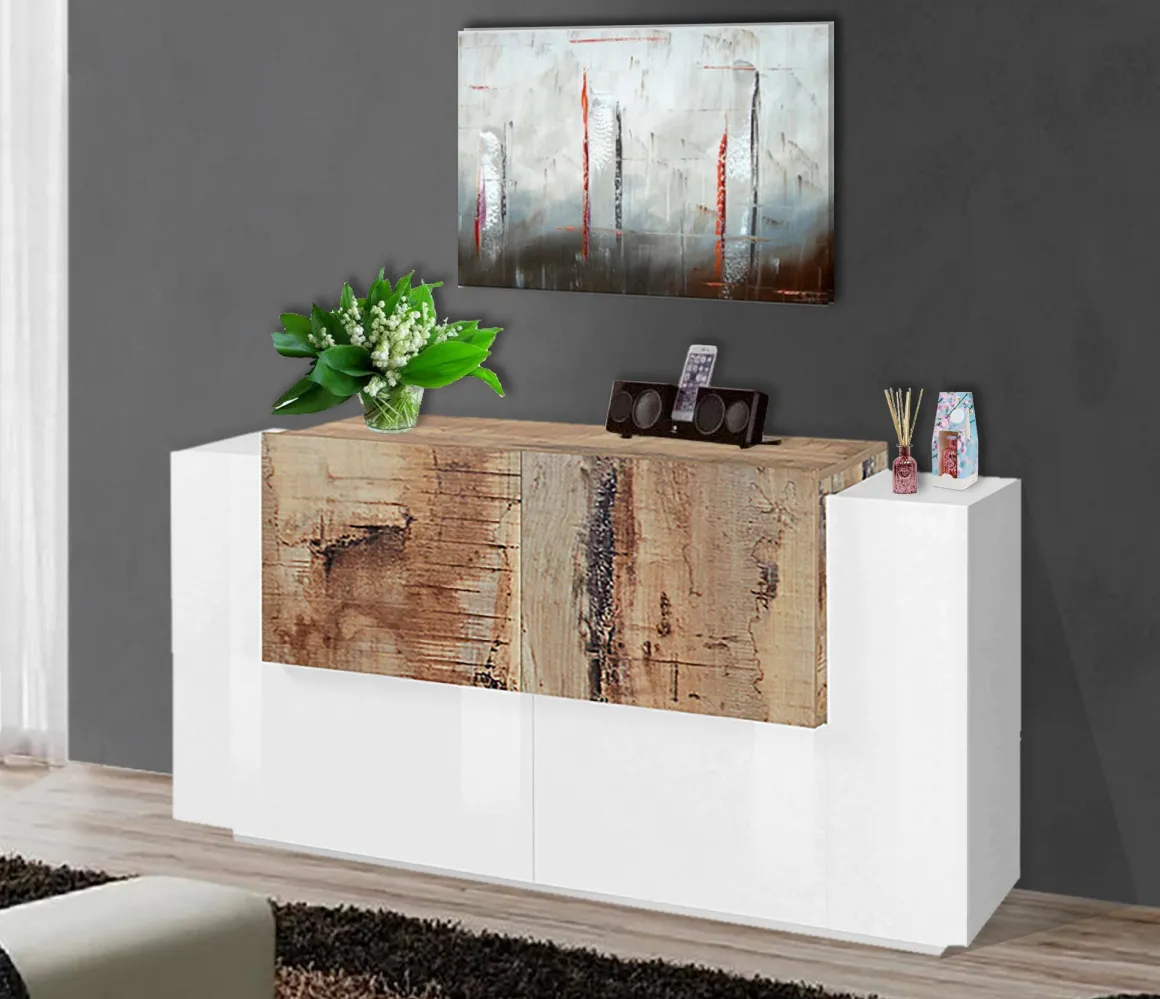 Credenza bianco lucida e acero 160x45x86h cm 4 ante - Muscari