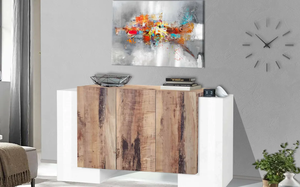 Credenza bianco lucida e acero 170x45x85h cm 5 ante - Arek