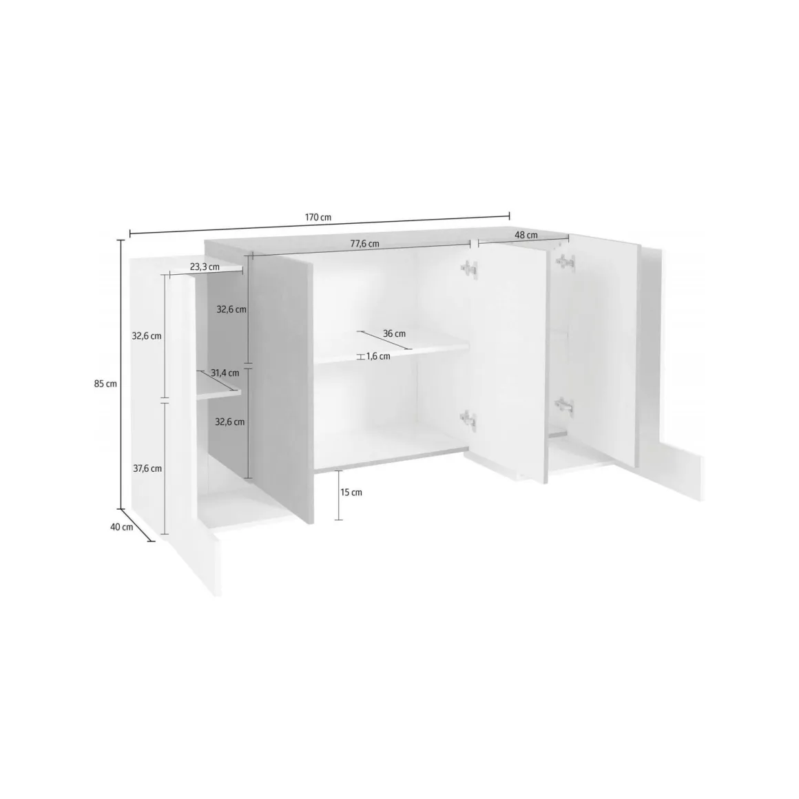 Credenza bianco lucida e acero 170x45x85h cm 5 ante - Arek