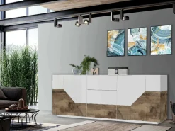 Credenza bianco lucida e acero 220x43x86h cm 4 ante e 3 cassetti - Almira