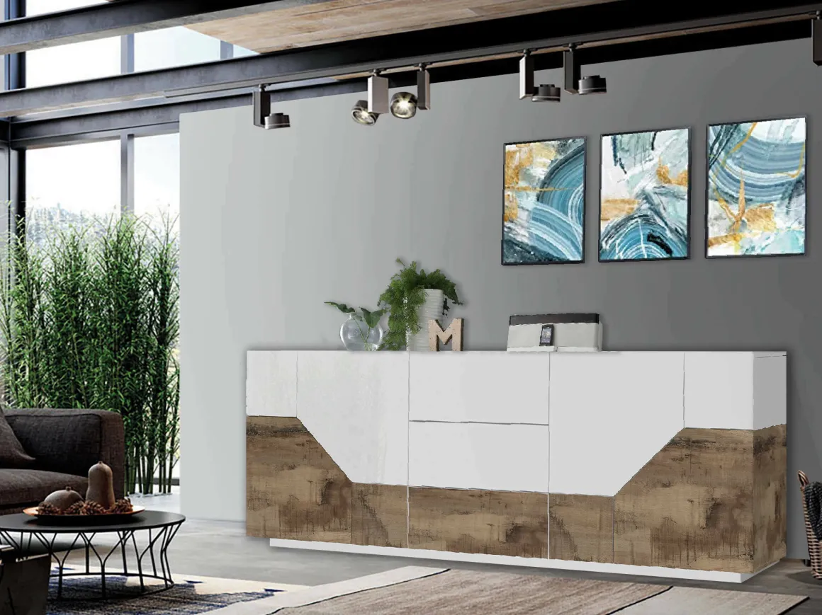 Credenza bianco lucida e acero 220x43x86h cm 4 ante e 3 cassetti - Almira