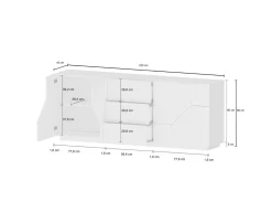 Credenza bianco lucida e acero 220x43x86h cm 4 ante e 3 cassetti - Almira