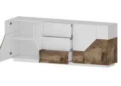Credenza bianco lucida e acero 220x43x86h cm 4 ante e 3 cassetti - Almira