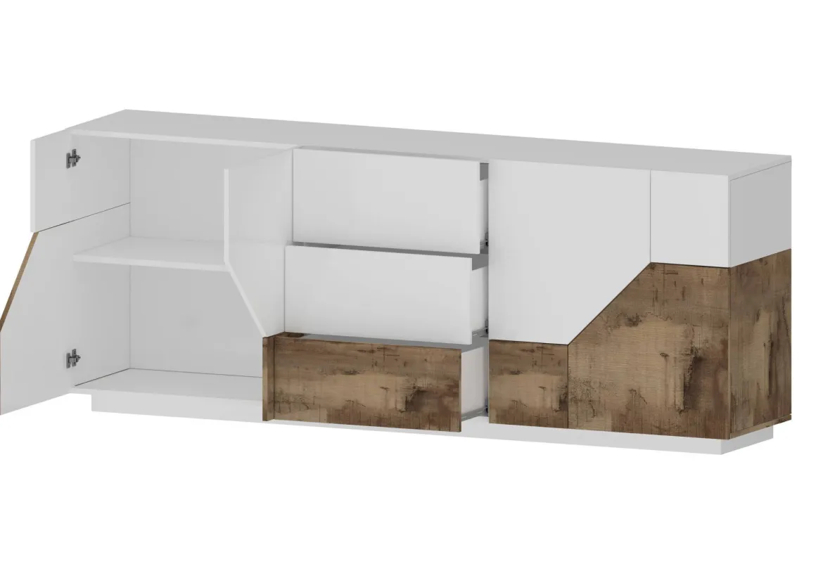 Credenza bianco lucida e acero 220x43x86h cm 4 ante e 3 cassetti - Almira