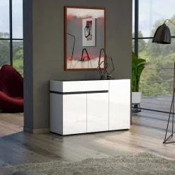 Madie|Credenze > Dmora Credenza bianco lucida e antracite 120x42x80h cm 3 ante e 1 cassetto - Bajardo Nero Antracite, Bianco Lucido