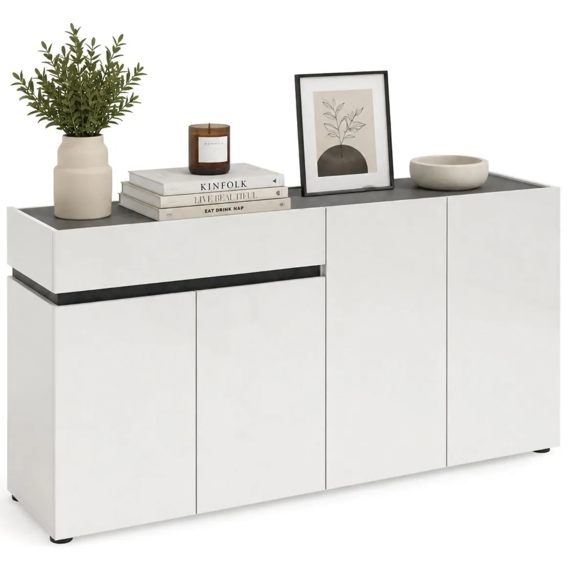 Madie|Credenze > Dmora Credenza bianco lucida e antracite 180x38x92h cm 3 ante e 4 cassetti - Baveno Nero Antracite, Bianco Lucido