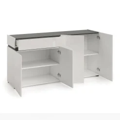 Madie|Credenze > Dmora Credenza bianco lucida e antracite 180x38x92h cm 3 ante e 4 cassetti - Baveno Nero Antracite, Bianco Lucido