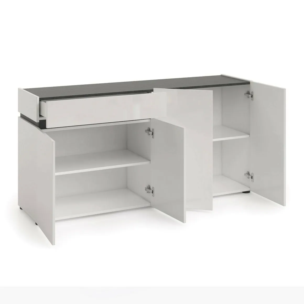 Madie|Credenze > Dmora Credenza bianco lucida e antracite 180x38x92h cm 3 ante e 4 cassetti - Baveno Nero Antracite, Bianco Lucido