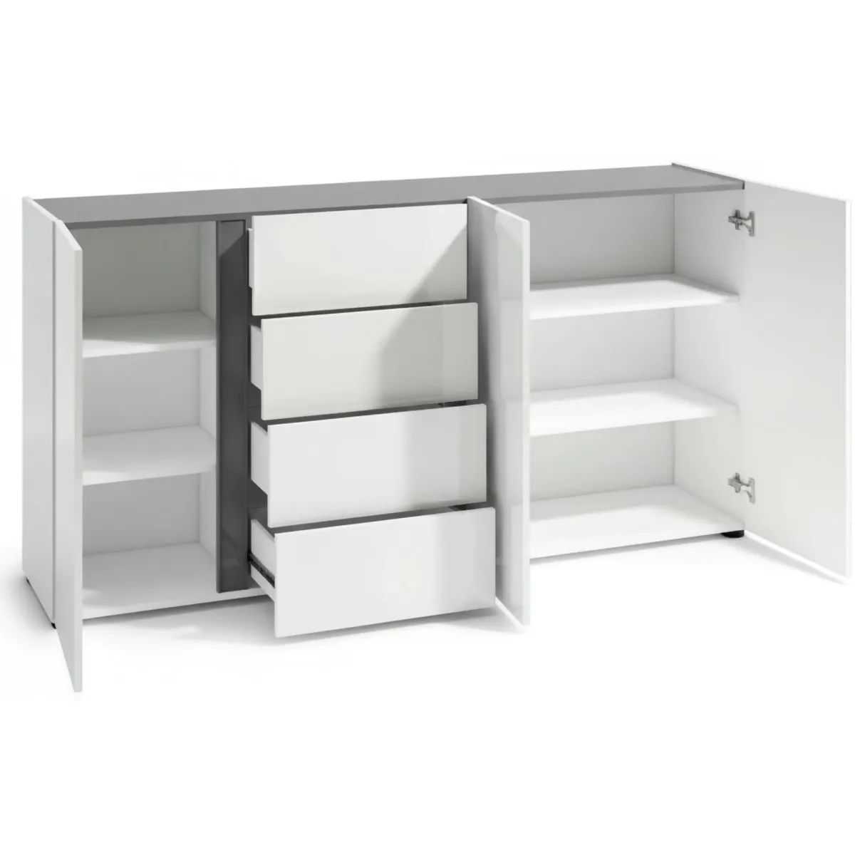 Madie|Credenze > Dmora Credenza bianco lucida e antracite 180x38x92h cm 3 ante e 4 cassetti - Baveno Nero Antracite, Bianco Lucido