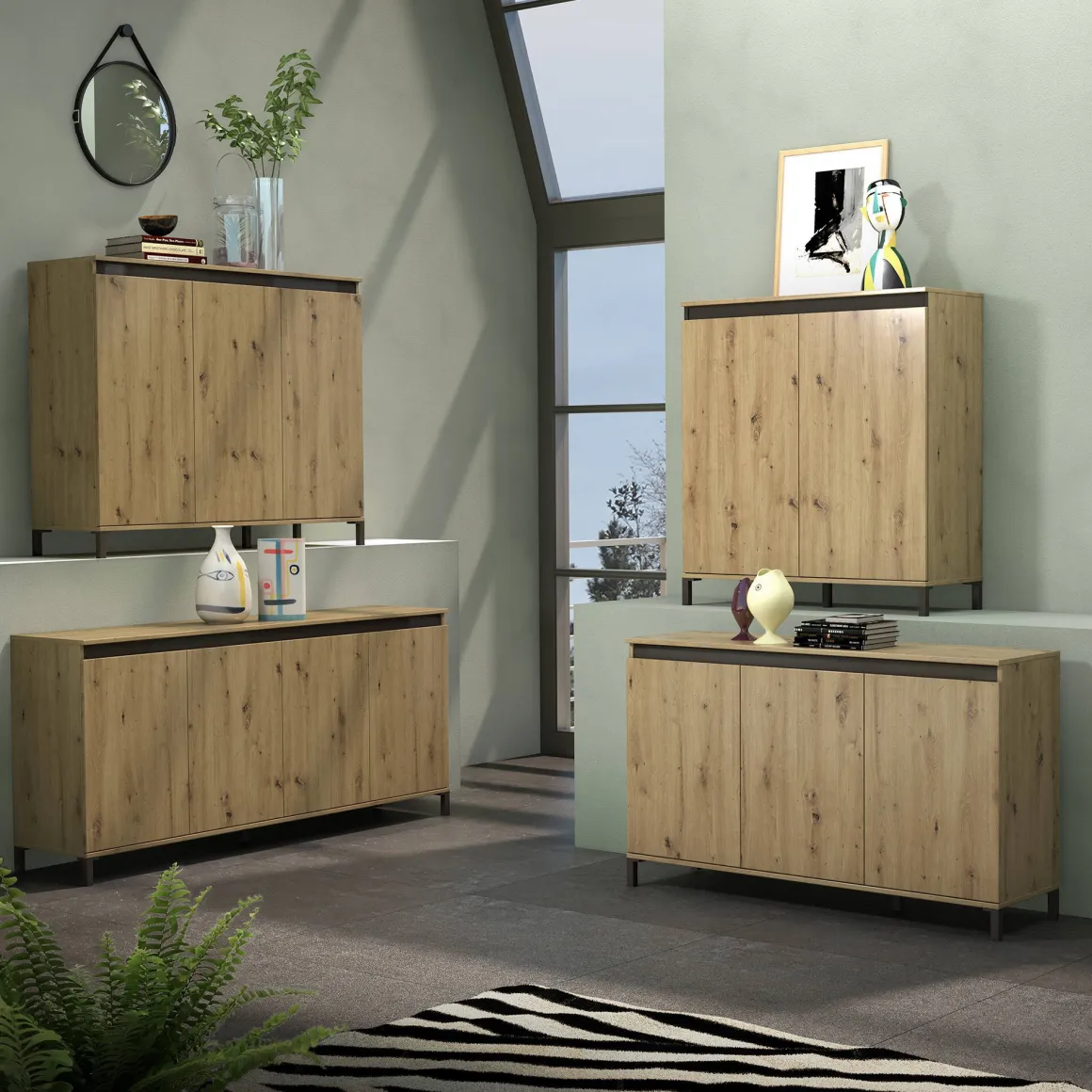 Credenza bianco lucida e antracite 184x40x84h cm 4 ante - Basiano
