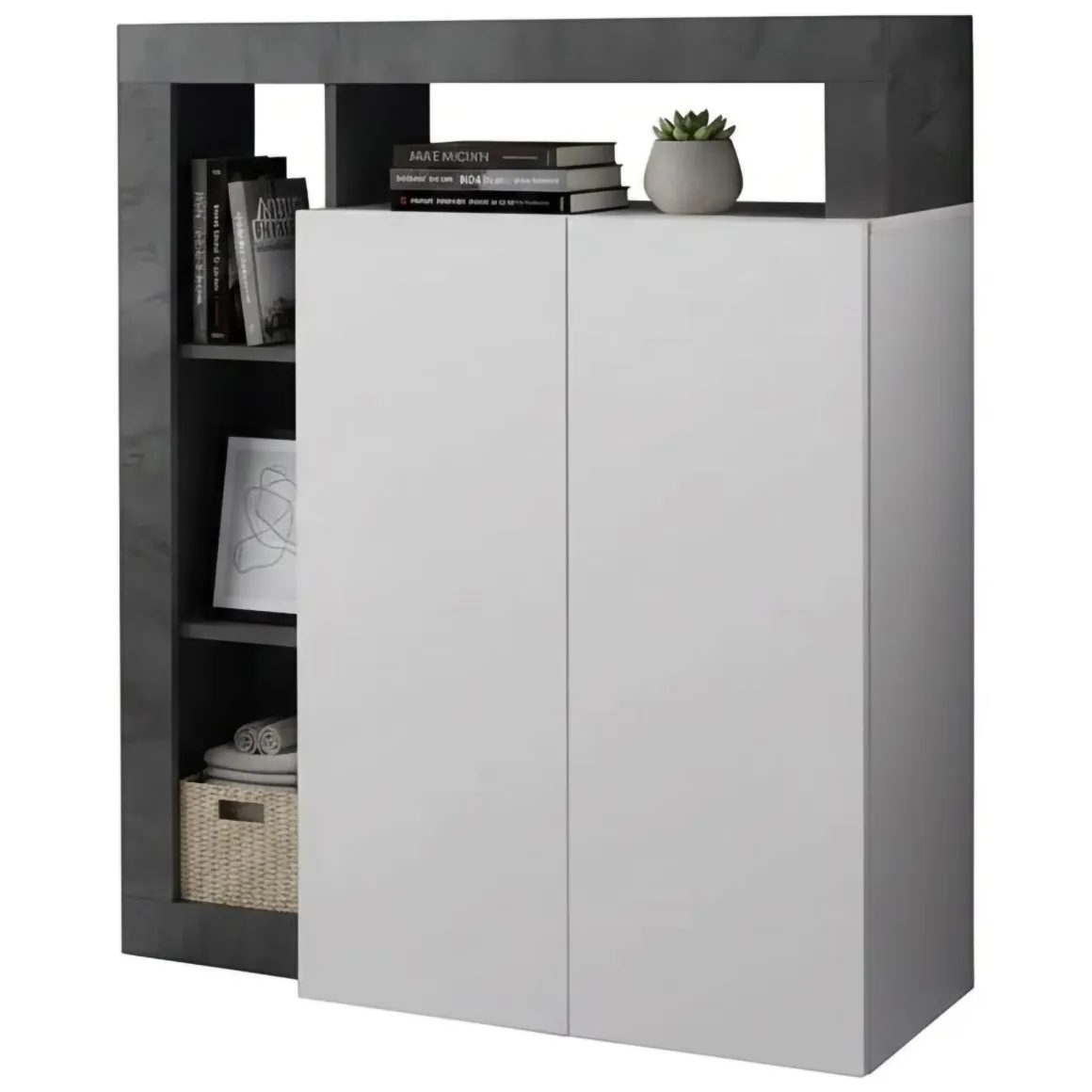 Madie|Credenze > Dmora Credenza bianco lucida e ardesia 108x42x93h cm 2 ante - Atlantica Grigio Ardesia, Bianco Lucido