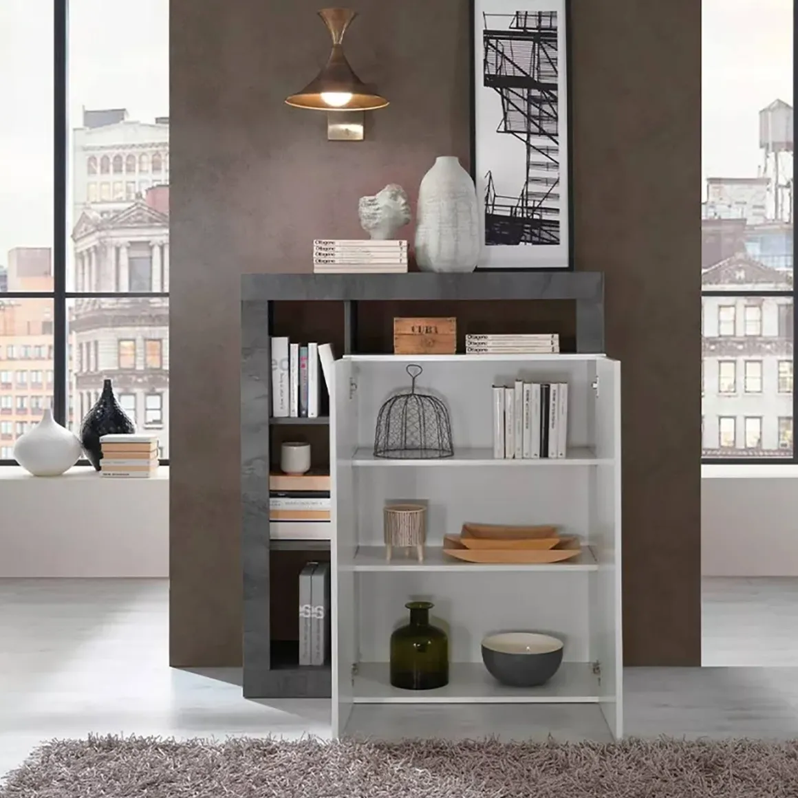 Madie|Credenze > Dmora Credenza bianco lucida e ardesia 108x42x93h cm 2 ante - Atlantica Grigio Ardesia, Bianco Lucido