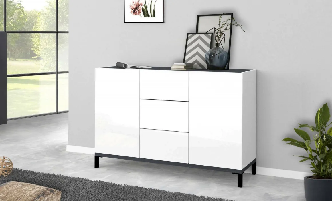 Credenza bianco lucida e ardesia 120x40x80h cm 2 ante e 3 cassetti - Jessie