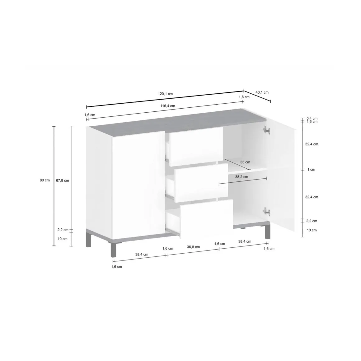 Credenza bianco lucida e ardesia 120x40x80h cm 2 ante e 3 cassetti - Jessie