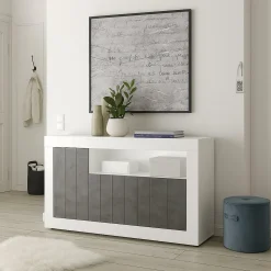 Madie|Credenze > Dmora Credenza bianco lucida e ardesia 146x42x93h cm 2 ante - Atlantica Grigio Ardesia, Bianco Lucido