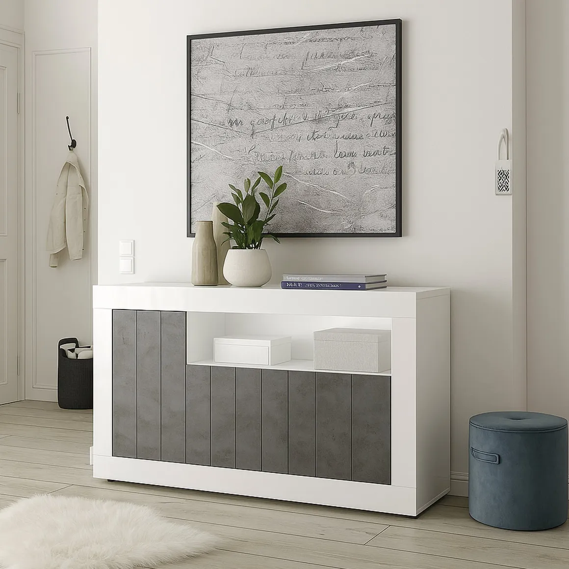 Madie|Credenze > Dmora Credenza bianco lucida e ardesia 146x42x93h cm 2 ante - Atlantica Grigio Ardesia, Bianco Lucido
