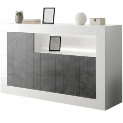 Madie|Credenze > Dmora Credenza bianco lucida e ardesia 146x42x93h cm 2 ante - Atlantica Grigio Ardesia, Bianco Lucido