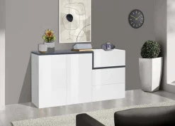 Credenza bianco lucida e ardesia 150x40x80h cm 2 ante e 3 cassetti - Asgard