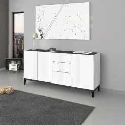 Credenza bianco lucida e ardesia 160x40x82h cm 3 ante e 3 cassetti - Abic