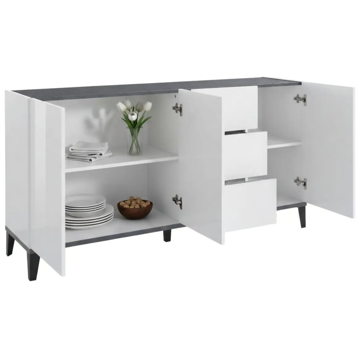 Credenza bianco lucida e ardesia 160x40x82h cm 3 ante e 3 cassetti - Abic