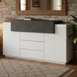 Credenza bianco lucida e ardesia 160x45x86h cm 3 ante e 3 cassetti - Arbon