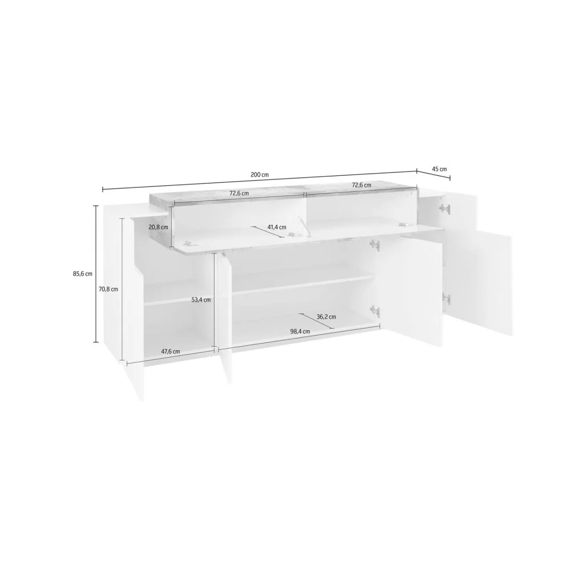 Cucina|Madie > Dmora Credenza bianco lucida e ardesia 200x45x86h cm 7 ante - Astice Grigio Ardesia, Bianco Lucido