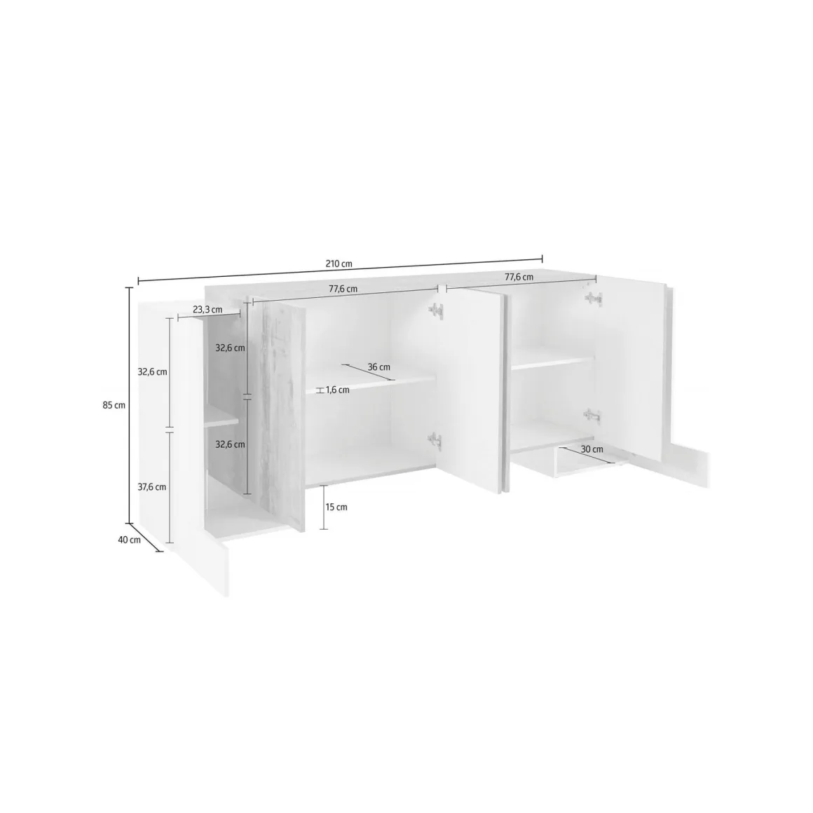Credenza bianco lucida e ardesia 210x45x85h cm 6 ante - Hades