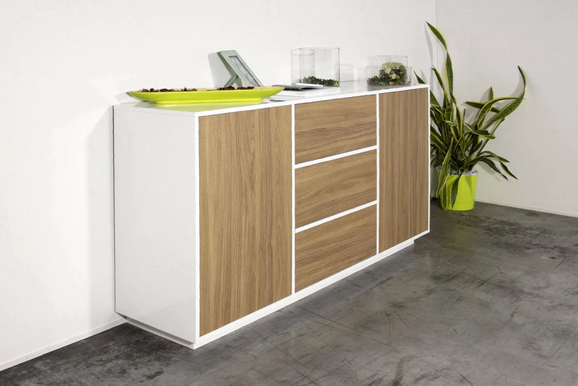 Cucina|Salotto > Dmora Credenza bianco lucida e noce 180x41x86h cm 4 ante - Aulina Marrone Noce, Bianco Lucido