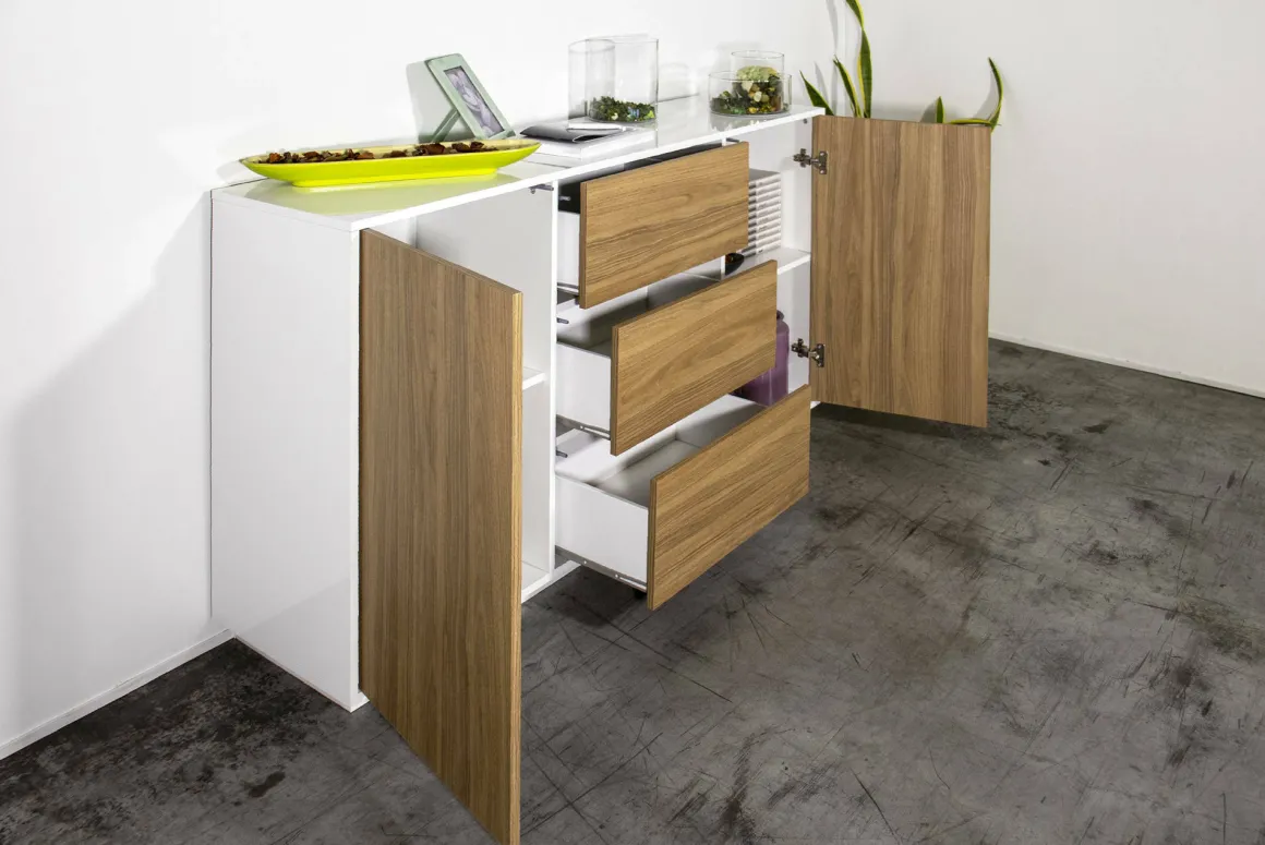 Cucina|Salotto > Dmora Credenza bianco lucida e noce 180x41x86h cm 4 ante - Aulina Marrone Noce, Bianco Lucido