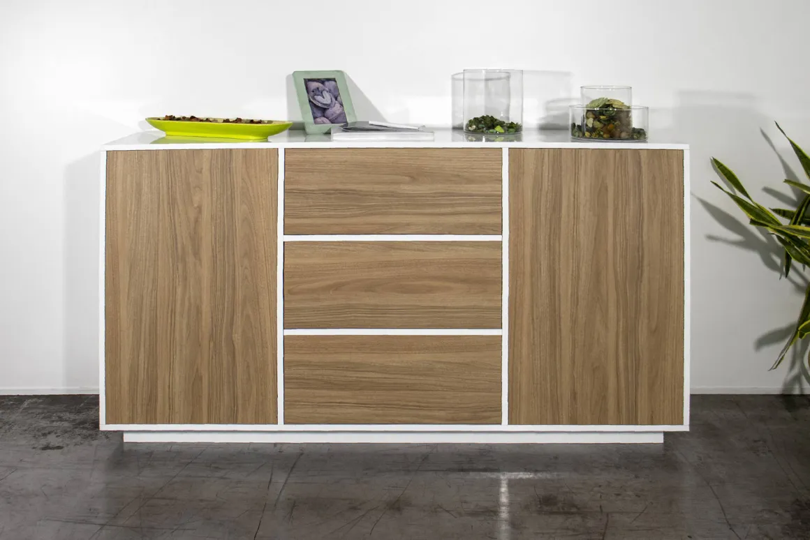 Cucina|Salotto > Dmora Credenza bianco lucida e noce 180x41x86h cm 4 ante - Aulina Marrone Noce, Bianco Lucido