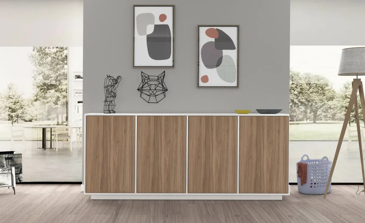 Cucina|Salotto > Dmora Credenza bianco lucida e noce 180x41x86h cm 4 ante - Aulina Marrone Noce, Bianco Lucido