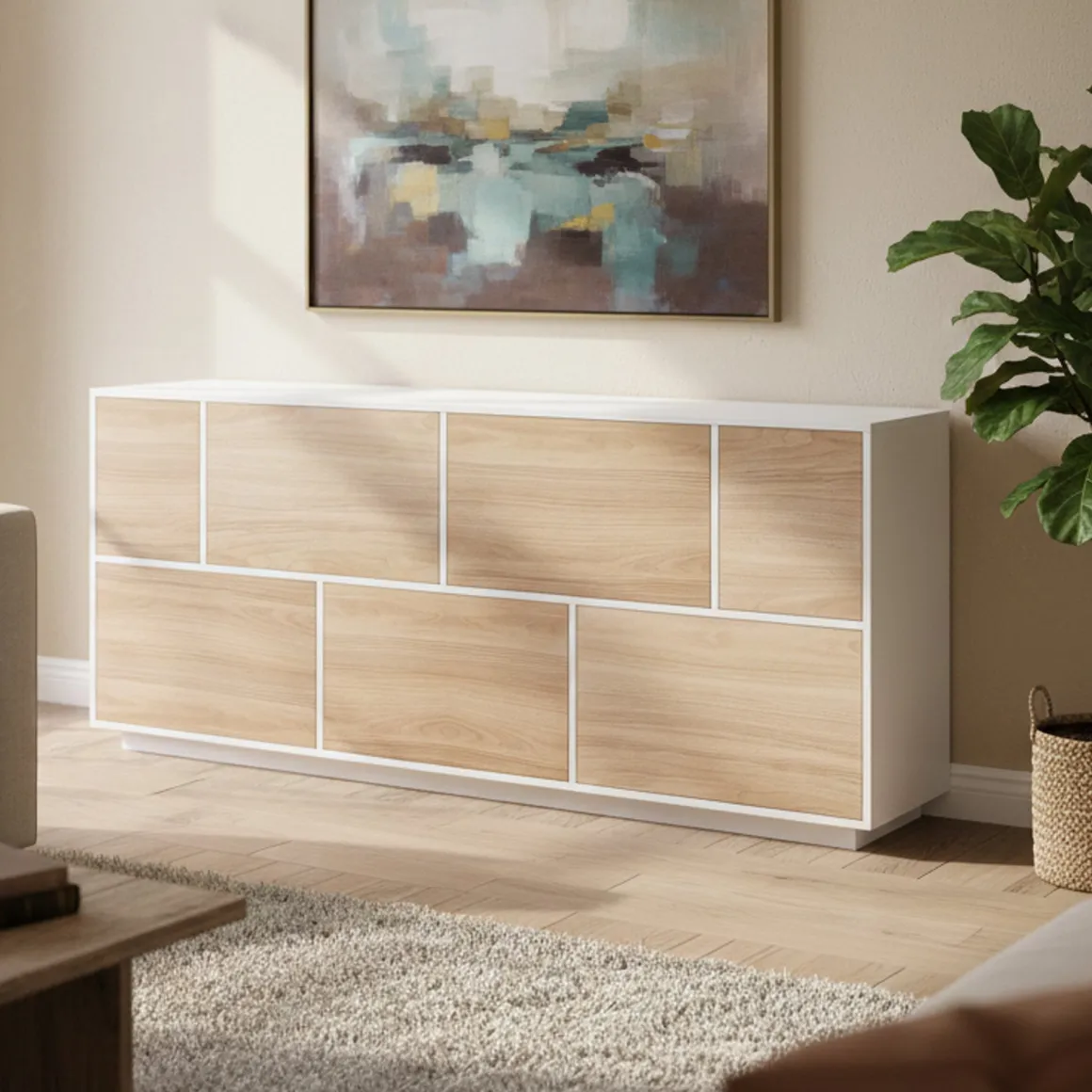 Cucina|Salotto > Dmora Credenza bianco lucida e noce 220x41x86h cm 4 ante e 3 cassetti - Arrachis Marrone Noce, Bianco Lucido