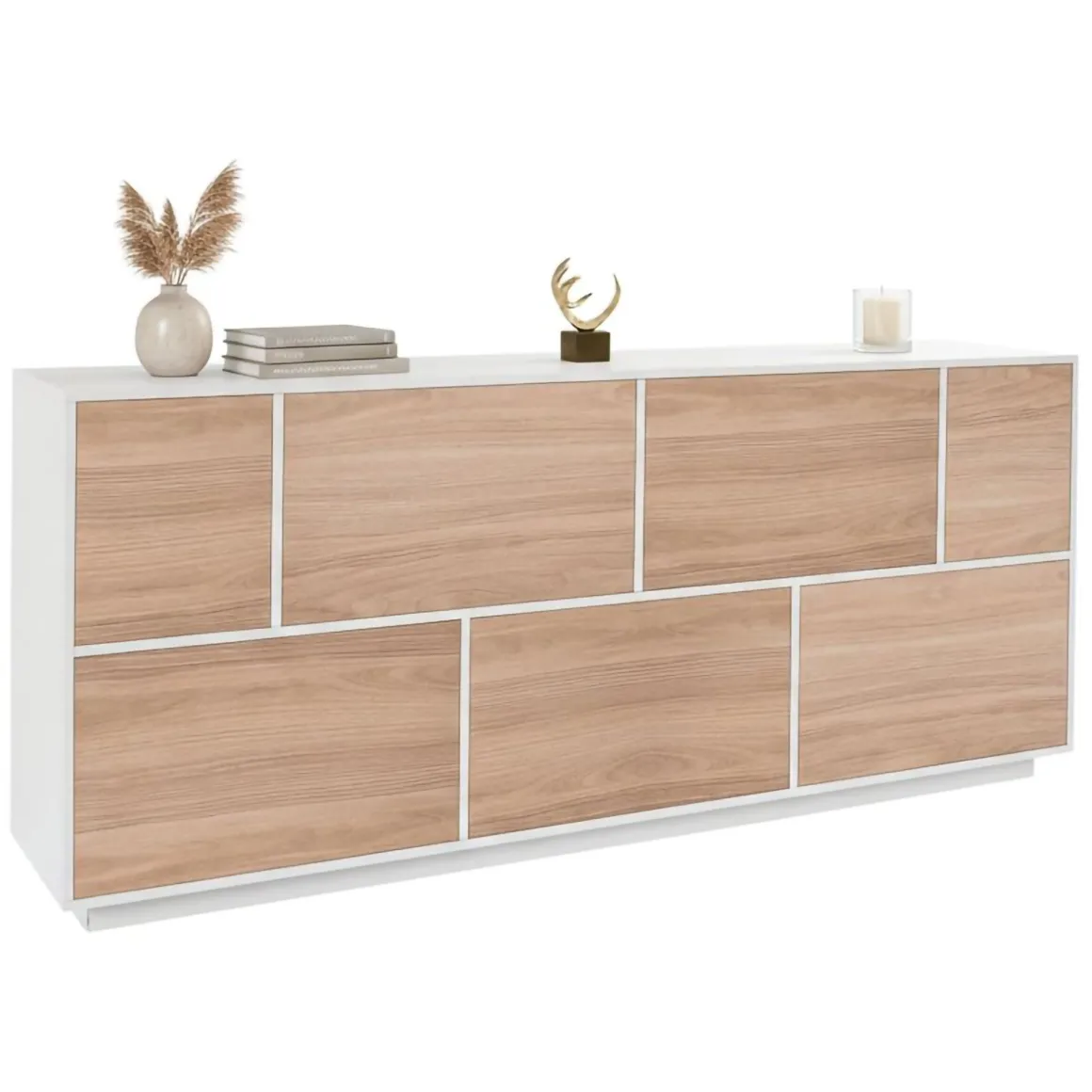 Cucina|Salotto > Dmora Credenza bianco lucida e noce 220x41x86h cm 4 ante e 3 cassetti - Arrachis Marrone Noce, Bianco Lucido