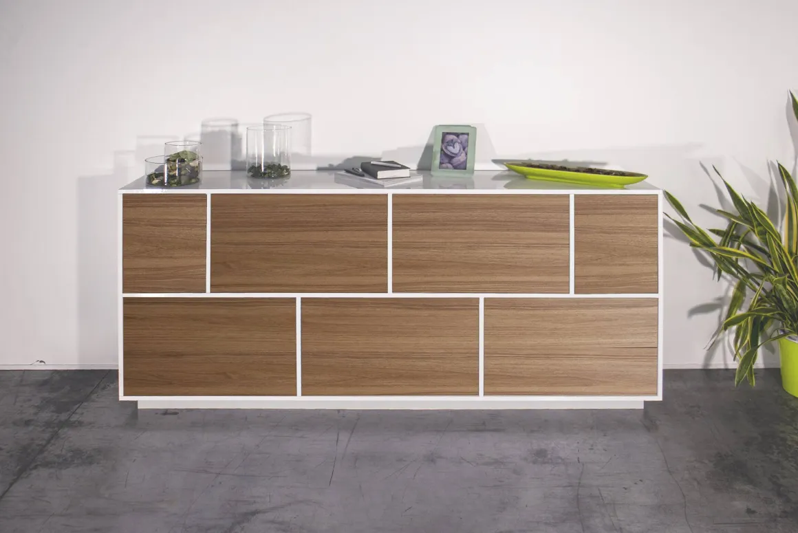 Cucina|Salotto > Dmora Credenza bianco lucida e noce 220x41x86h cm 4 ante e 3 cassetti - Arrachis Marrone Noce, Bianco Lucido