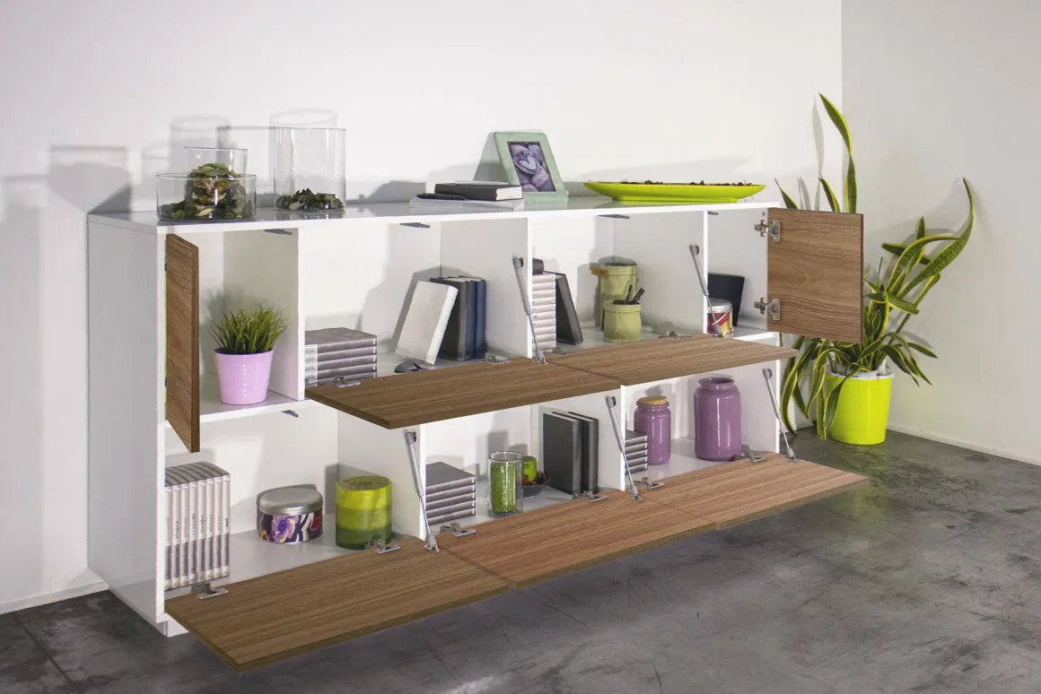 Cucina|Salotto > Dmora Credenza bianco lucida e noce 220x41x86h cm 4 ante e 3 cassetti - Arrachis Marrone Noce, Bianco Lucido